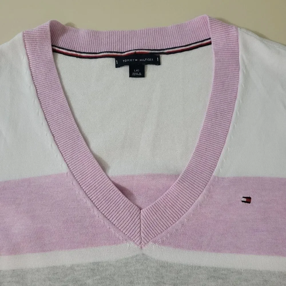 Tommy Hilfiger Pastel Pink Stripe Long Sleeve V-Neck Women's Sweater